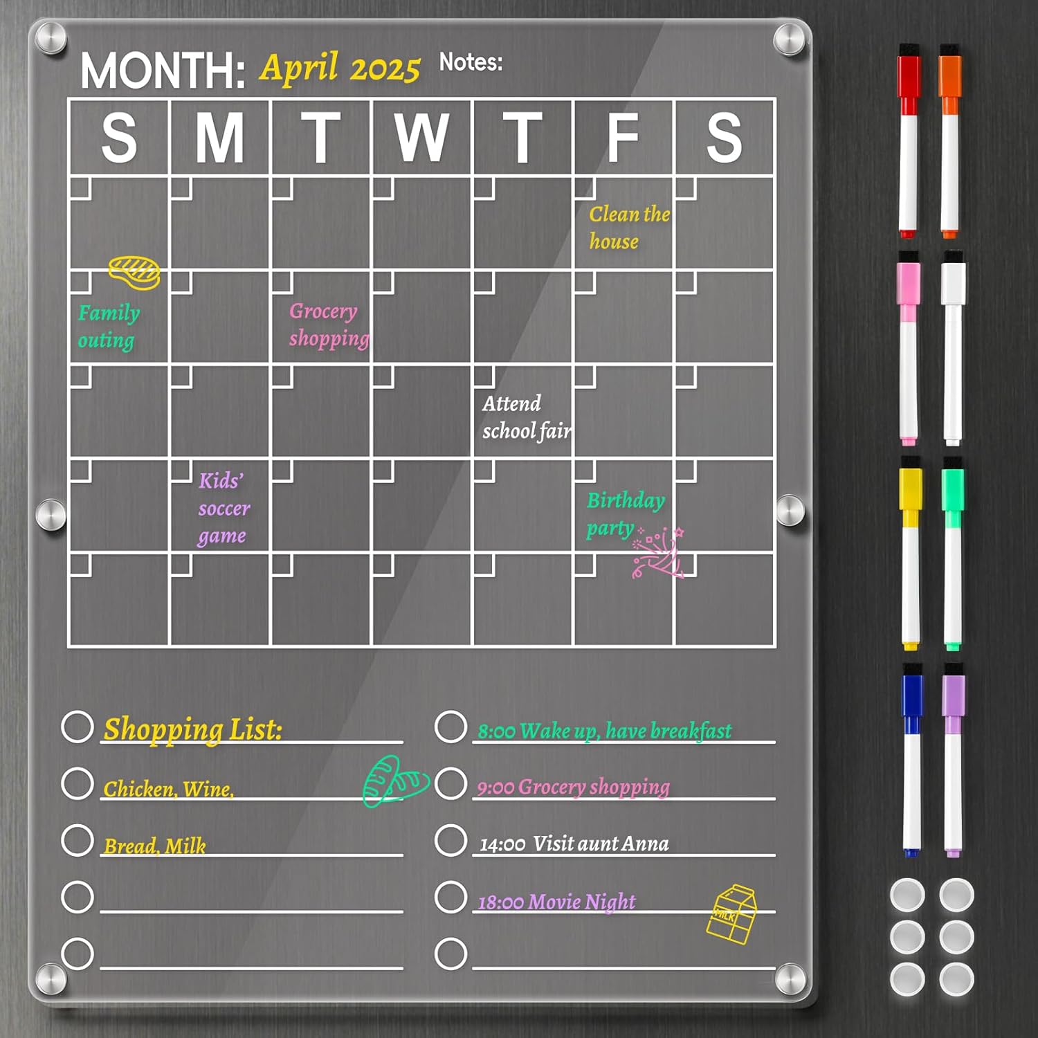 Large Acrylic Magnetic Calendar for Refrigerator, 2in1 Clear Fridge Calendar, Monthly Planning Board with to Do List, Businees Meetings/Grocery 8 Color Markers