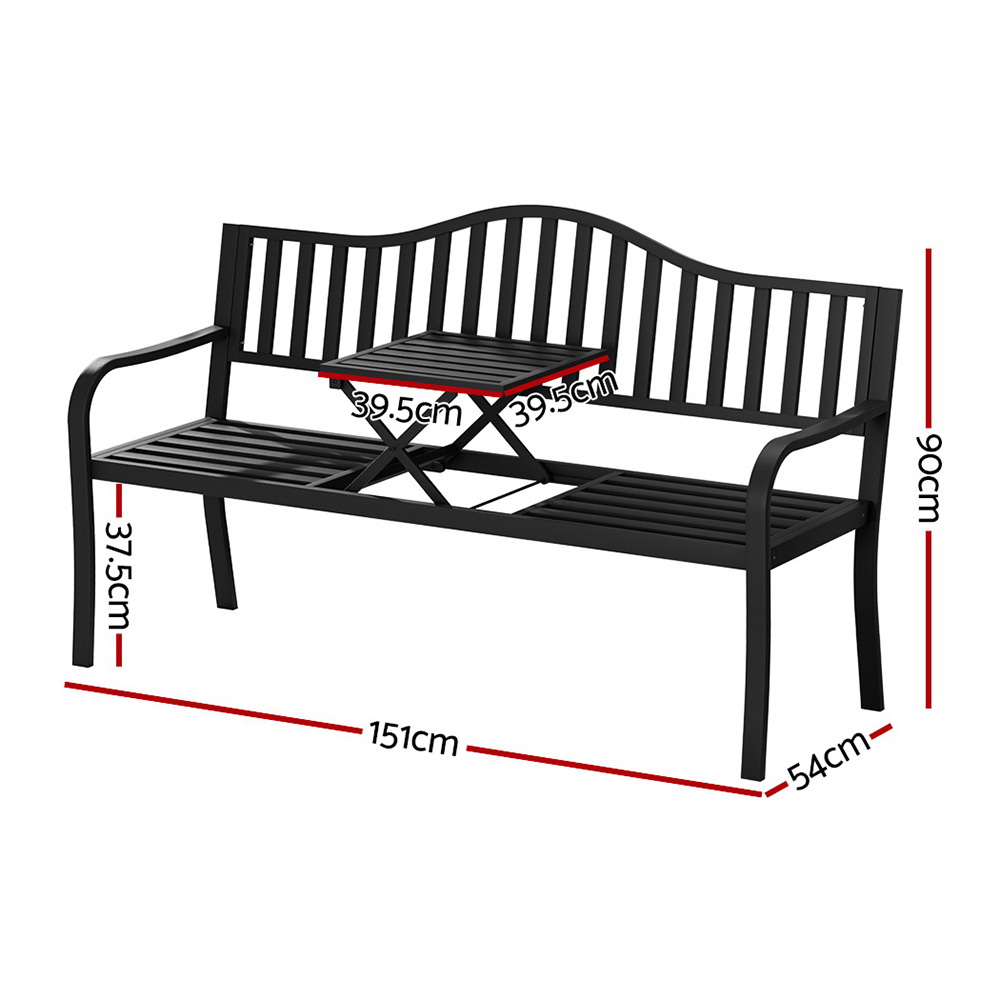 Gardeon Outdoor Garden Bench Seat Loveseat Steel Foldable Table Patio Furniture Black โ image 2