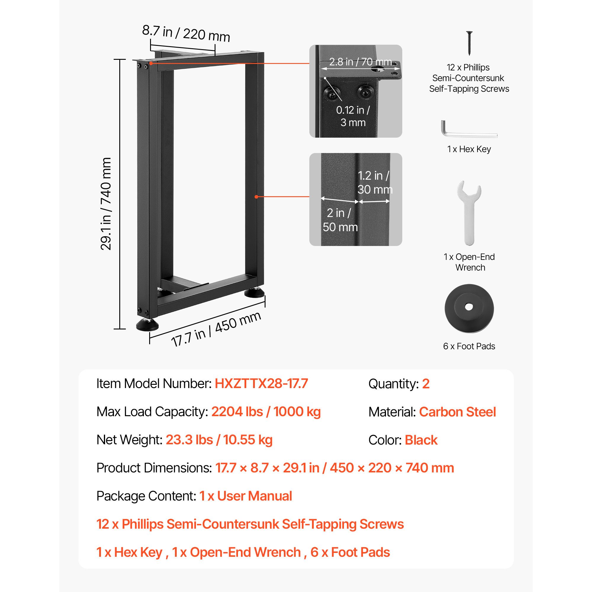 Table Legs, 740 x 450 mm (H x W) Square T Shape Steel Furniture Legs, Modular Design, Easy Assembly, 1000 kg Max Load Heavy Duty, for Home Office Desk, Dinner — image 5