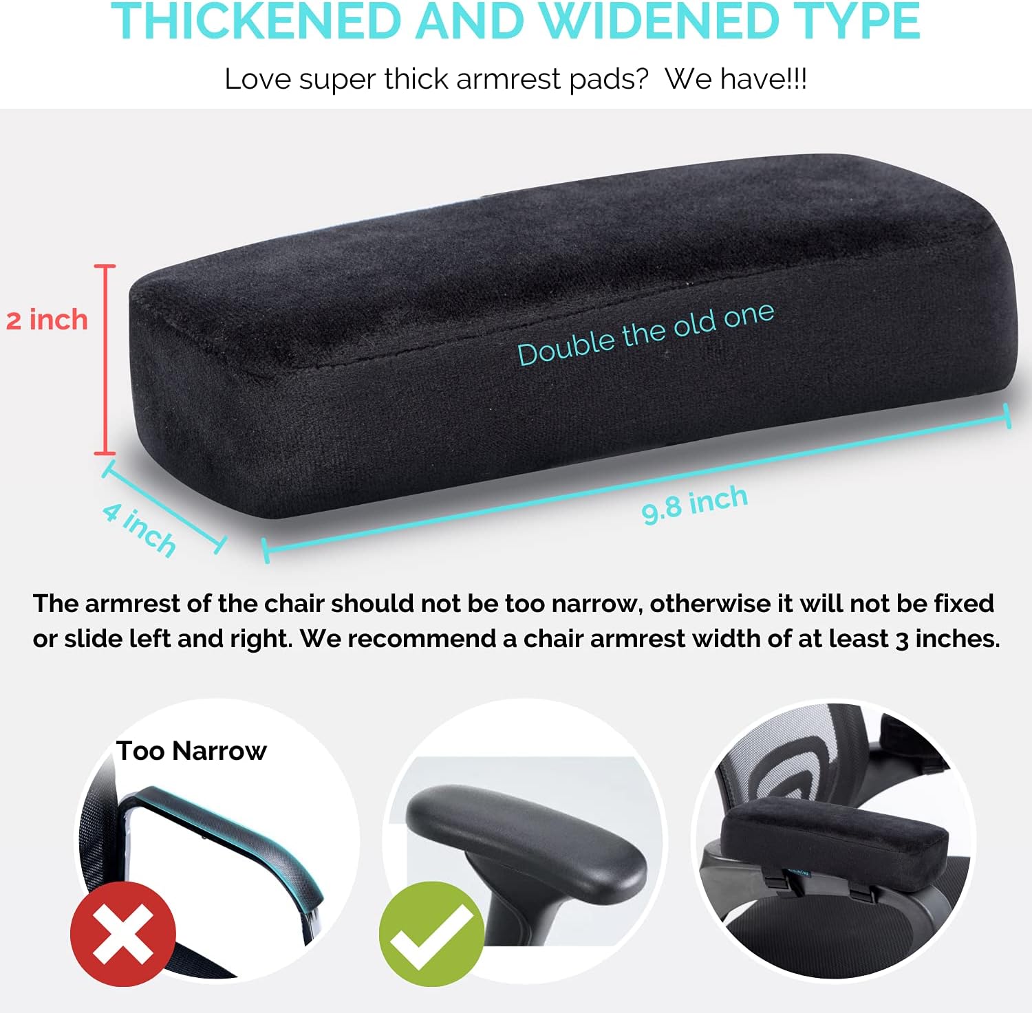 Extra Thick Chair armrest Cushions Elbow Pillow Pressure Relief Office Chair Gaming Chair armrest with Memory Foam armrest Pads 2-Piece Set of Chair (Black) — image 4