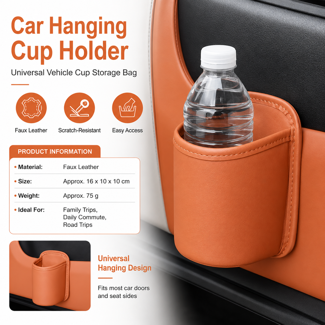 Orange Universal Car Door Cup Holder - PU Leather Hanging Storage Organizer for Seat Back and Console side and Door storage compartment - Multi-Purpose