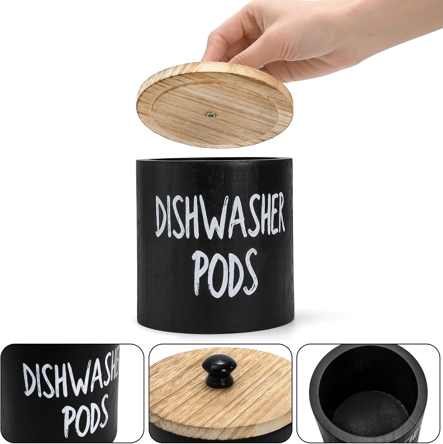 2 Pack Dishwasher Pod Container, Wood Tablet Holder with Lid, Round Laundry Pods Dispenser, Farmhouse Detergent Tin Organizer for Home Kitchen Cabinet Decor — image 2