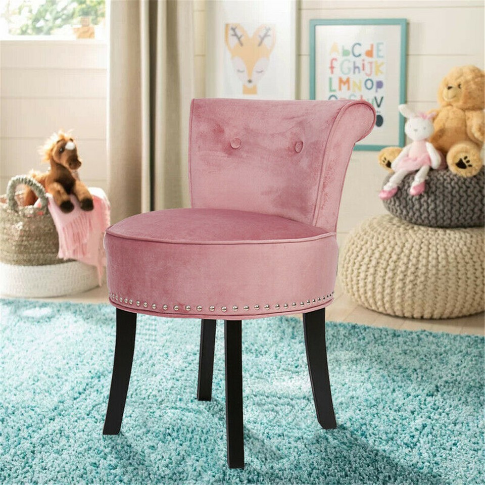 Pink Round Vanity Stool with Padded Seat and Backrest — image 2