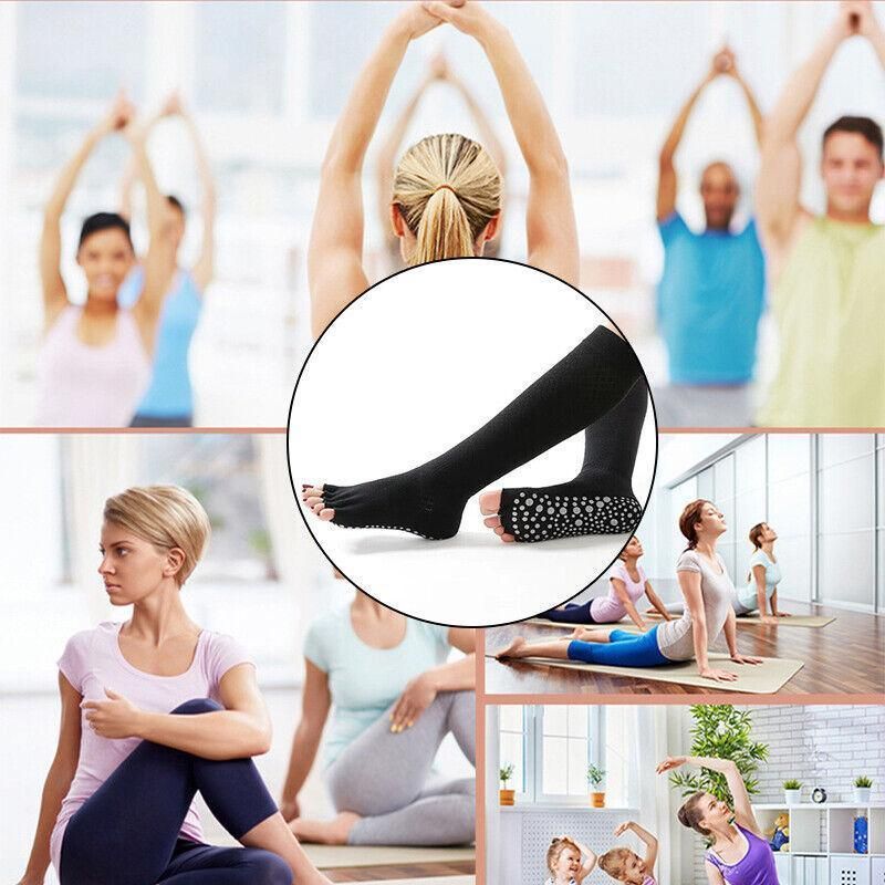 Women Long Massage Pilates Socks Yoga Socks Non Slip Socks Medium Open - Medium Open Toe Black โ image 5