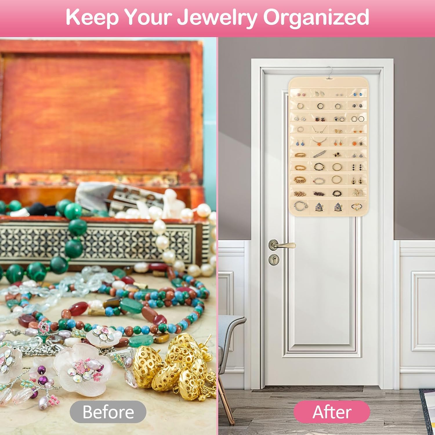 1 Pack Hanging Jewelry Organizer, 80 Clear Pockets earring organizer and storage, Accessories holder organizer for Closet, Jewelries, Necklace, Travel — image 6