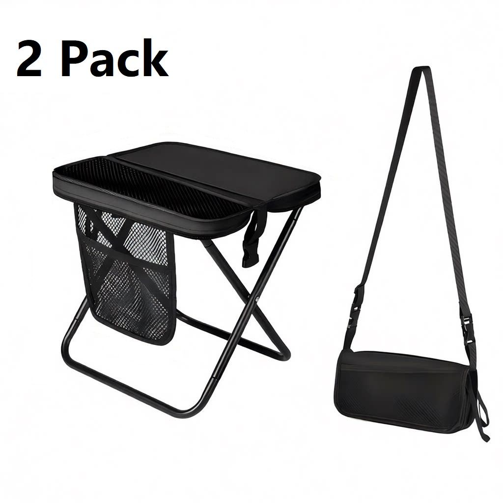 Black 2 Pack Portable foldable stool with a crossbody strap - High Carbon Steel Frame and Oxford Fabric Outdoor Camping Chair with Mesh Storage Pocket