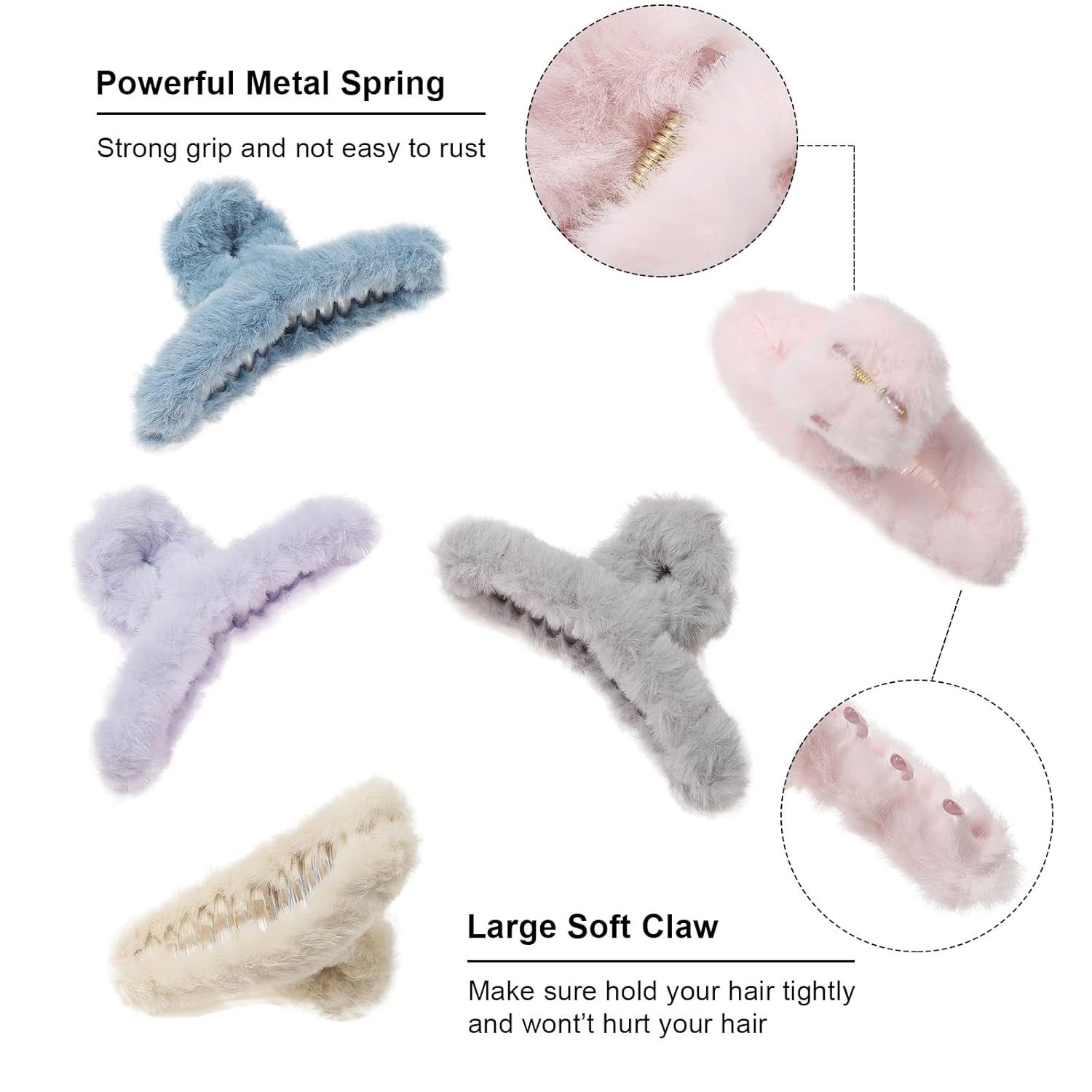 5PCS Large Claw Hair Clips or Thick Hair Big uzzy Hair Clips or Women Nonslip Strong Hold Hair Claw Clip (Plush (Blue+Grey+Pink+Purple+Beige)) — image 3