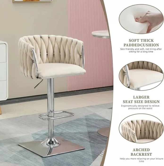 SERENITà Modern Velvet Breakfast Bar Stools Swivel Barstools Adjustable Counter Stools with Backrest (Silver-Ivory) — image 2