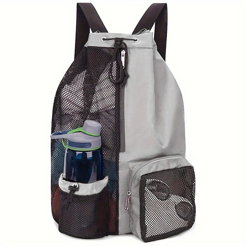Mesh Drawstring Swim Bag - Large Capacity 20-35L Beach Backpack with Wet Pocket - Breathable Sports Sack for Gym Swimming Travel - Light Gray