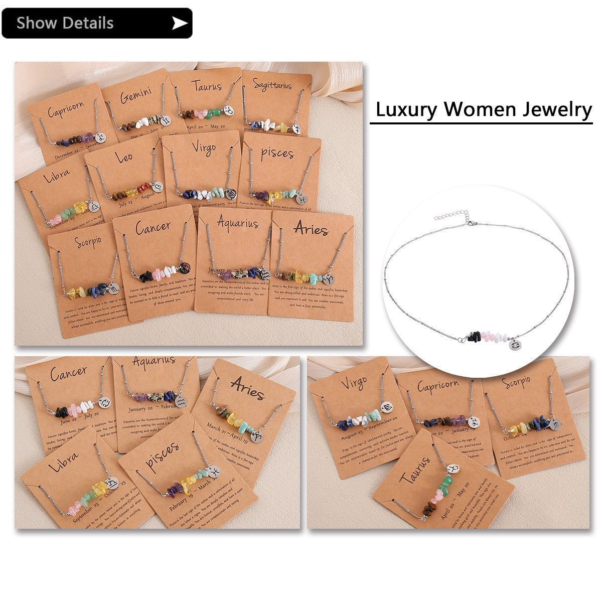 Irregular Natural Chip Stone Zodiac Necklace,Stainless Steel Pendant,Aquarius Jewellery for Christmas Halloween Outfit Matching & Gift Giving — image 3