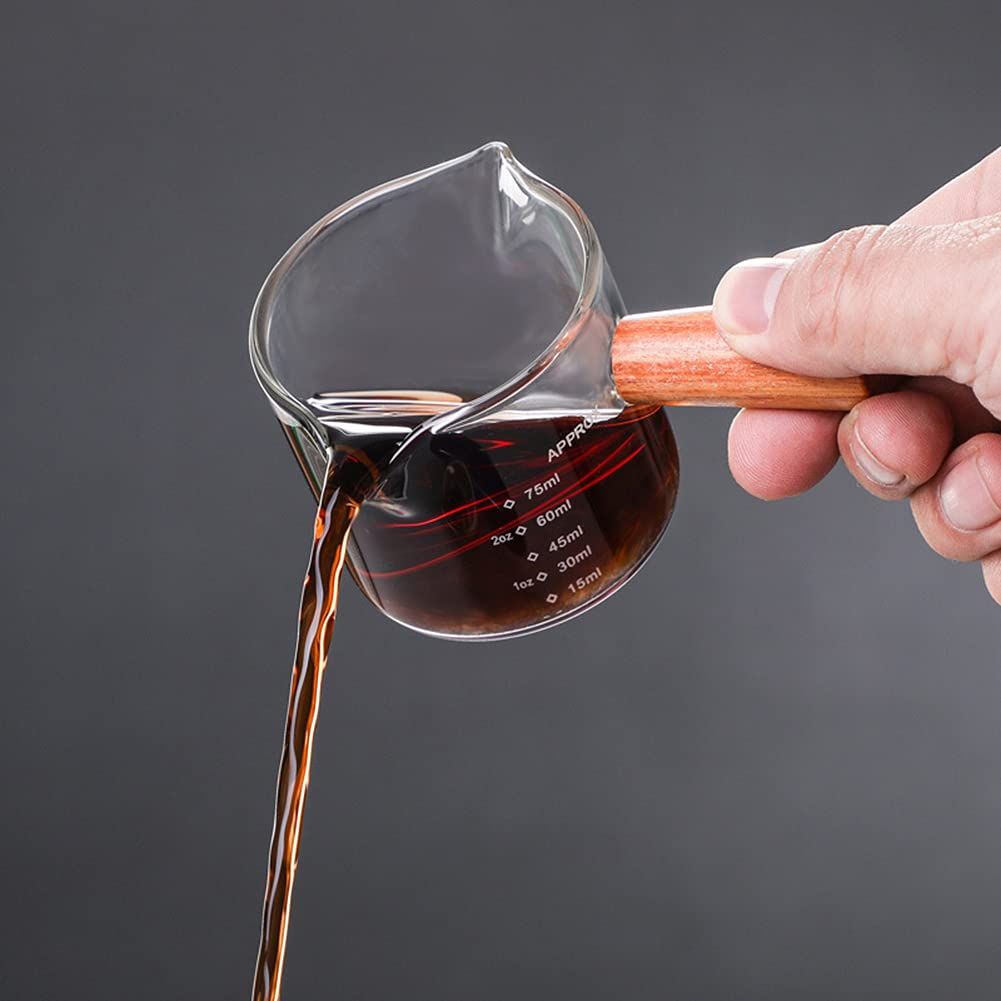 Wooden handle glass measuring cup, heat-resistant double mouthed milk coffee cup, transparent scale design — image 4