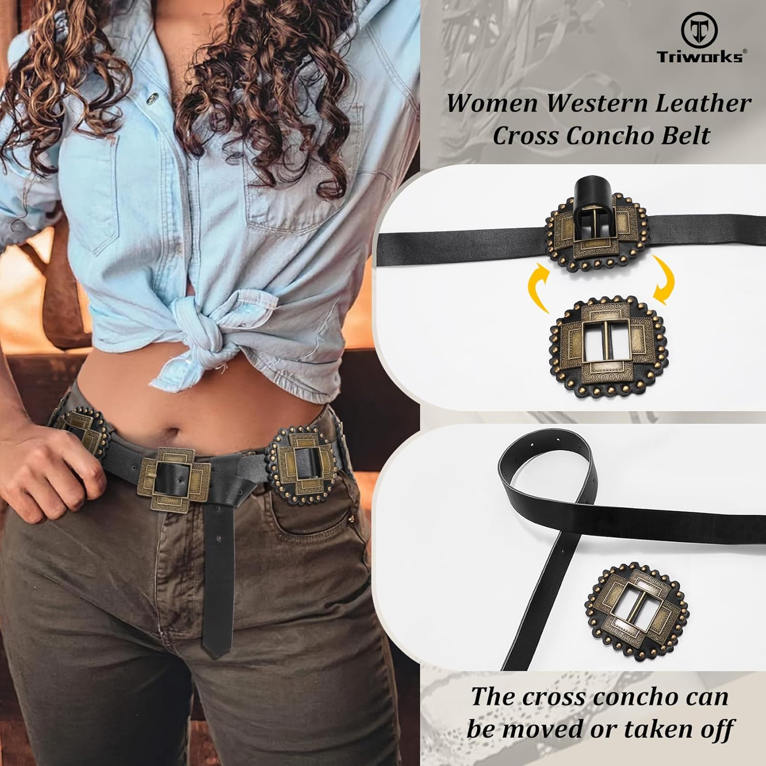 Women Western Concho Leather Belt Cowgirl Boho Belt Chunky for Dresses Concert Festival โ image 3
