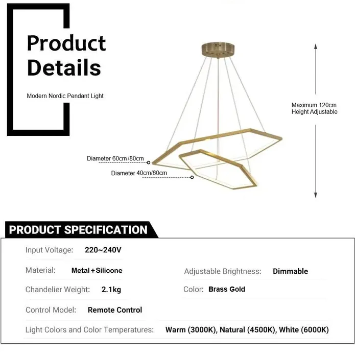 BAMDECOR AD2582/2 Modern LED Chandelier, Hexagonal Rings Ceiling Lighting Contemporary Chandeliers (2 Rings-Brass Gold) — image 5