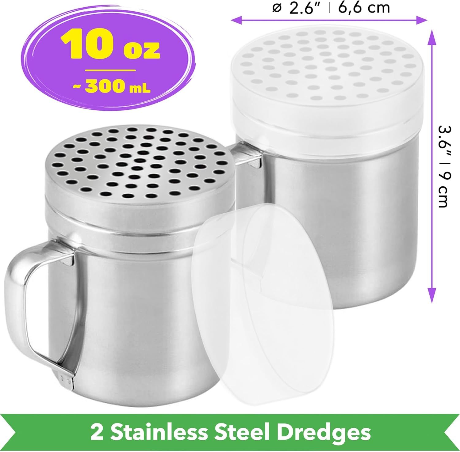 [2-pack] 10oz Metal Cheese Shaker with Large Holes, [2-pack] 10oz Powdered Sugar Shaker with ine Mesh - With Handle and Lids — image 2