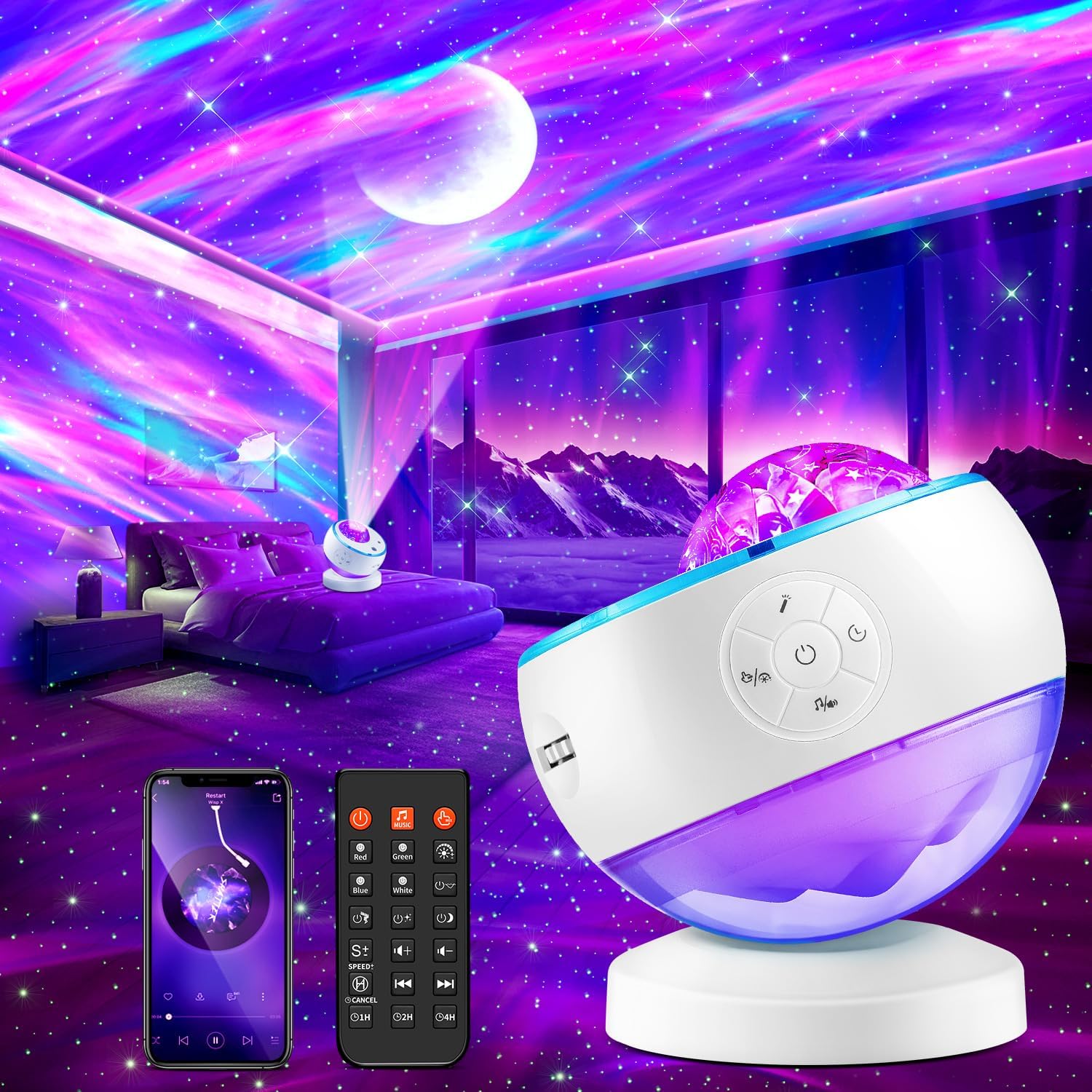 Starry Sky Projector Lamp - 300 Lighting Settings - Northern Light - 15 White Noise Bluetooth Projector Modes - Galaxy Party Light - Starry Sky Projector Light