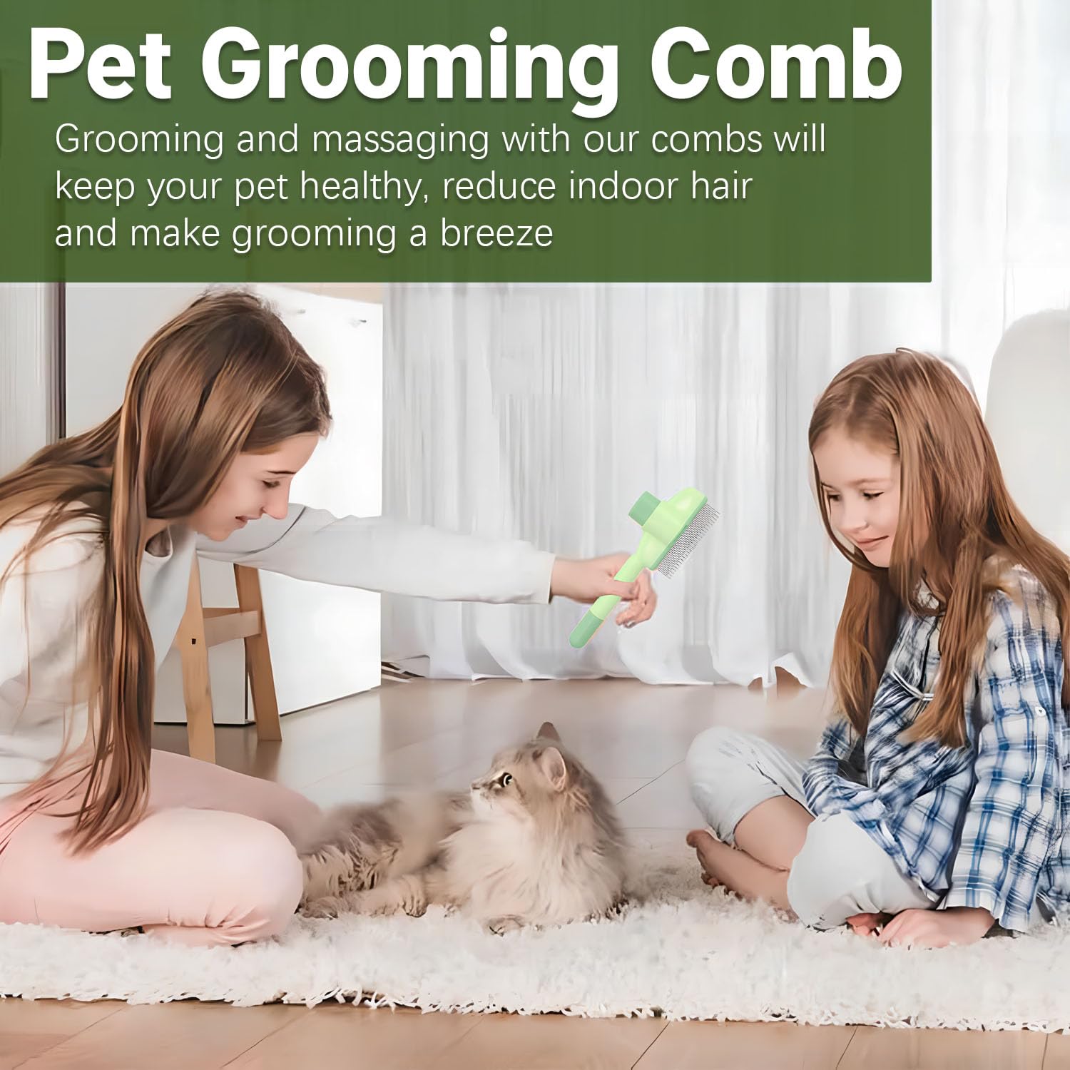 Pet Comb for Cats,Pet Hair Removal Comb Flea Comb with Release Button (Green) — image 6