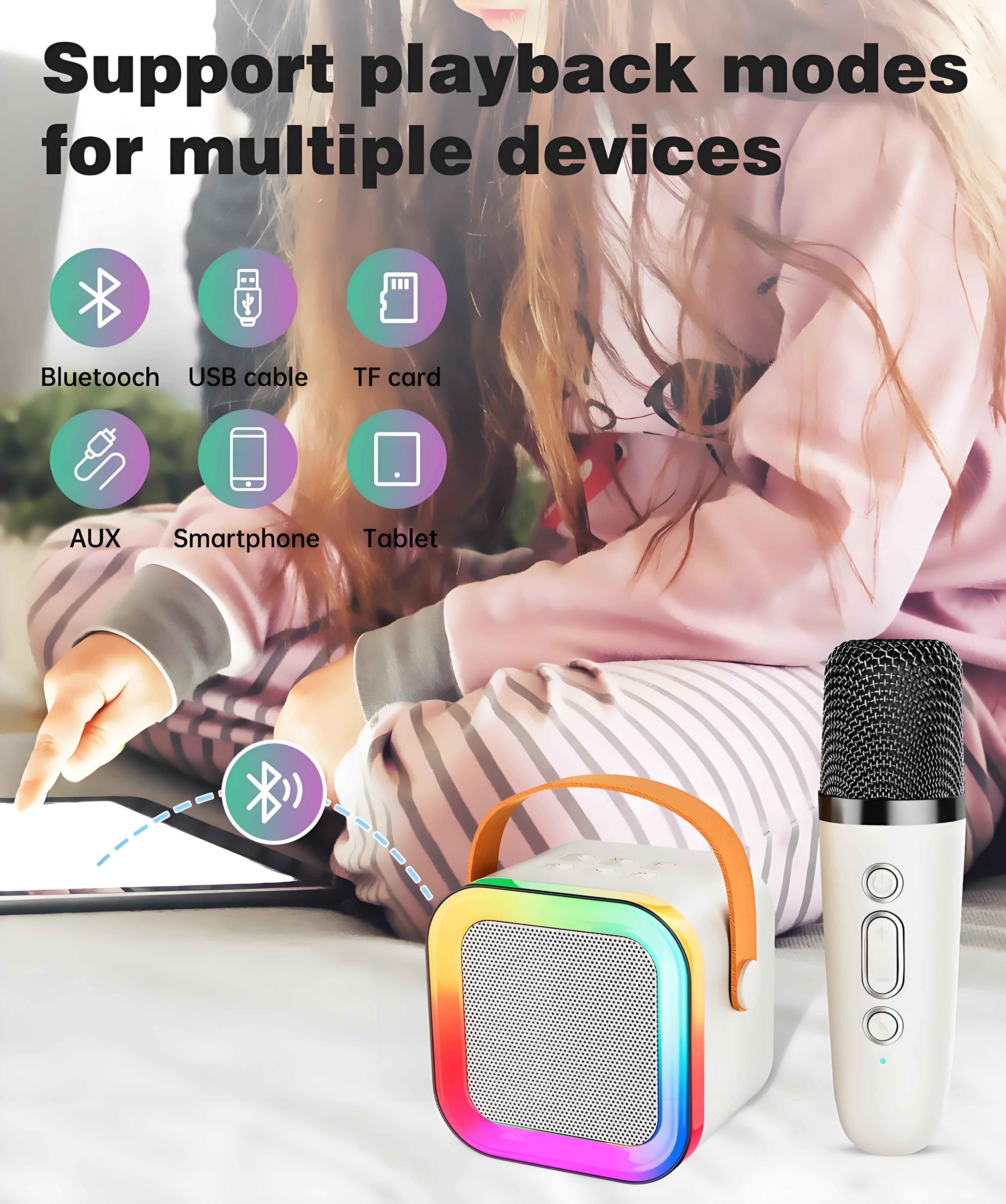 Off-White Mini Karaoke Machine with 2 Wireless Microphones: Portable Bluetooth Speaker for Kids & Adults, Ideal Gift for All Occasions — image 4