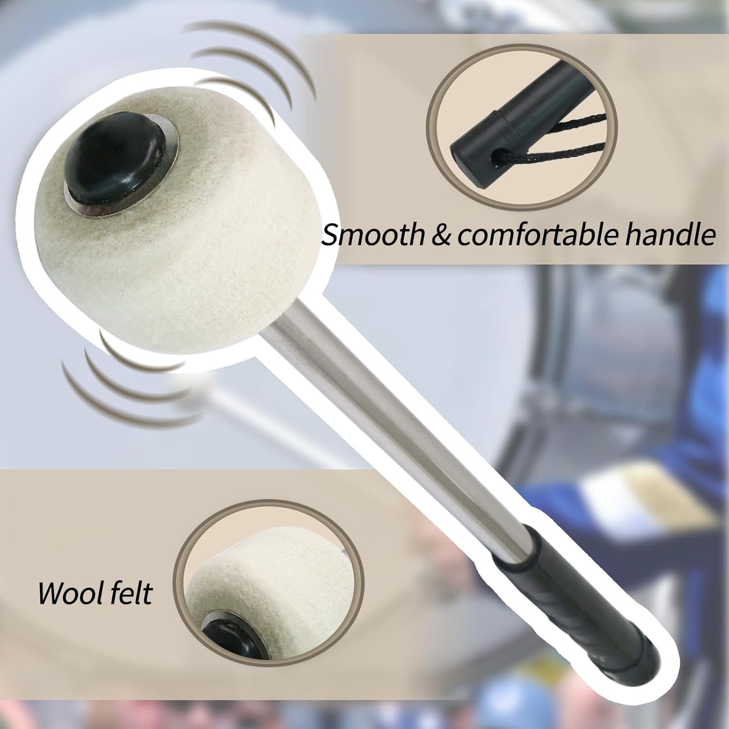 Biaungdo 2 Pack Drum Mallet, 32cm/12.6" Wool Felt Drum Stick, Bass Drum Mallet Drum Stick, Anti-slip Bass Percussion Sticks with Stainless Steel Handle, Beige โ image 3