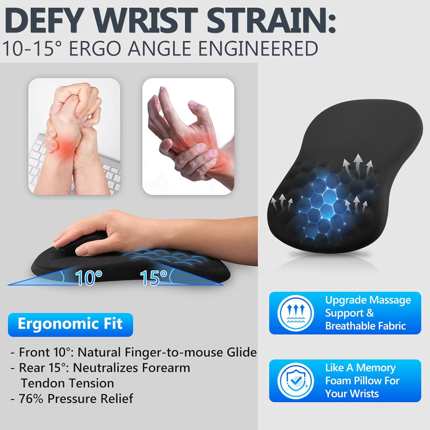 Ergonomic Mouse Pad with Wrist Rest, Dual-Slope Design for Pain Relief- Large 12x8 Inch Size with Reinforced Memory Foam & Non-Slip Base for Office Desk/Gaming โ image 2