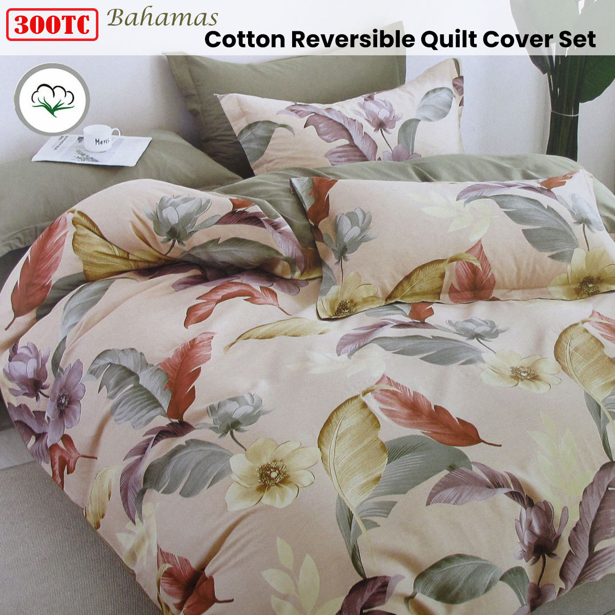 300TC Bahamas Taupe Reversible Cotton Quilt Cover Set Queen โ image 2