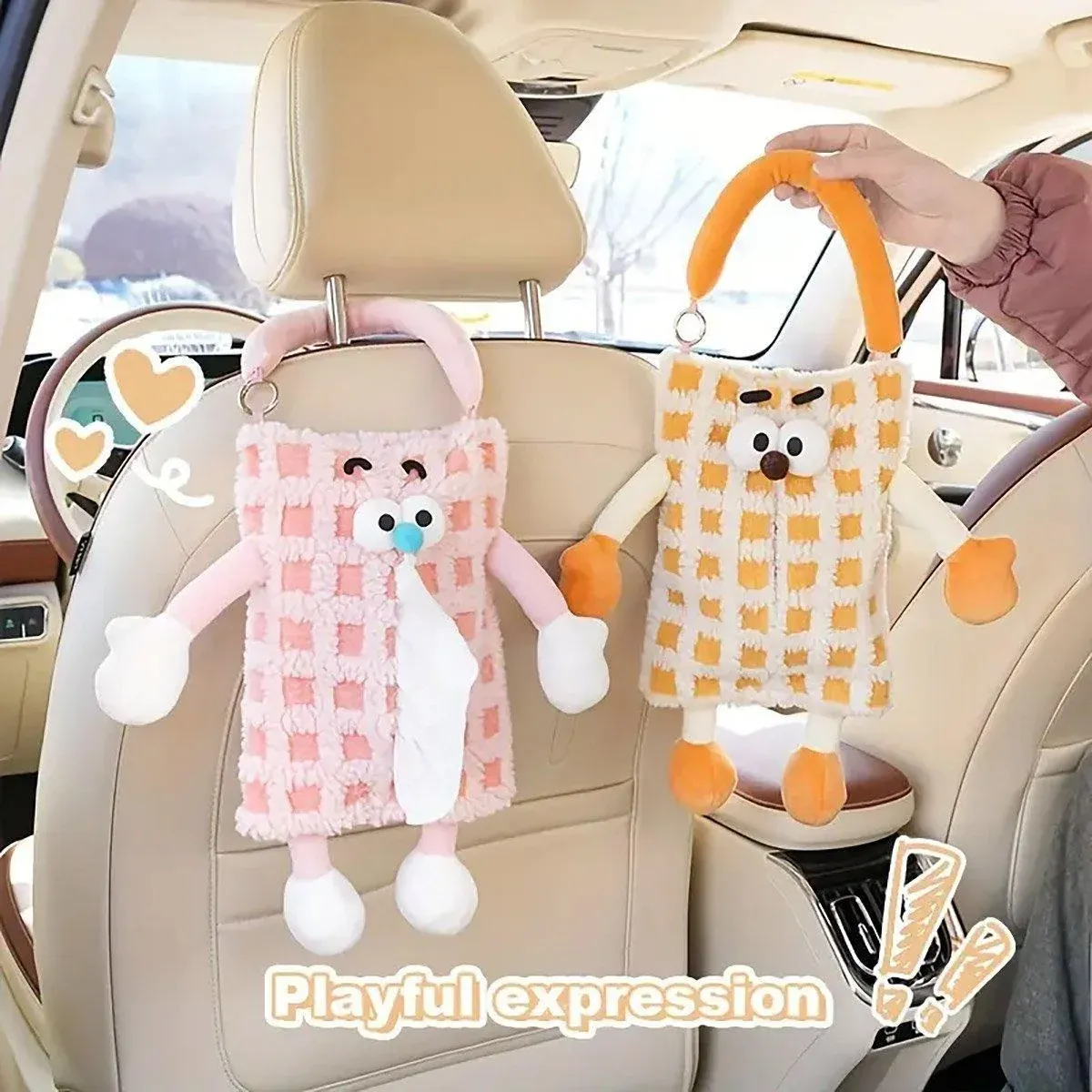 Plush Car Tissue Box Striped Plaid Seatback Hanging Tissue Holder Drawer Design - Orange โ image 6