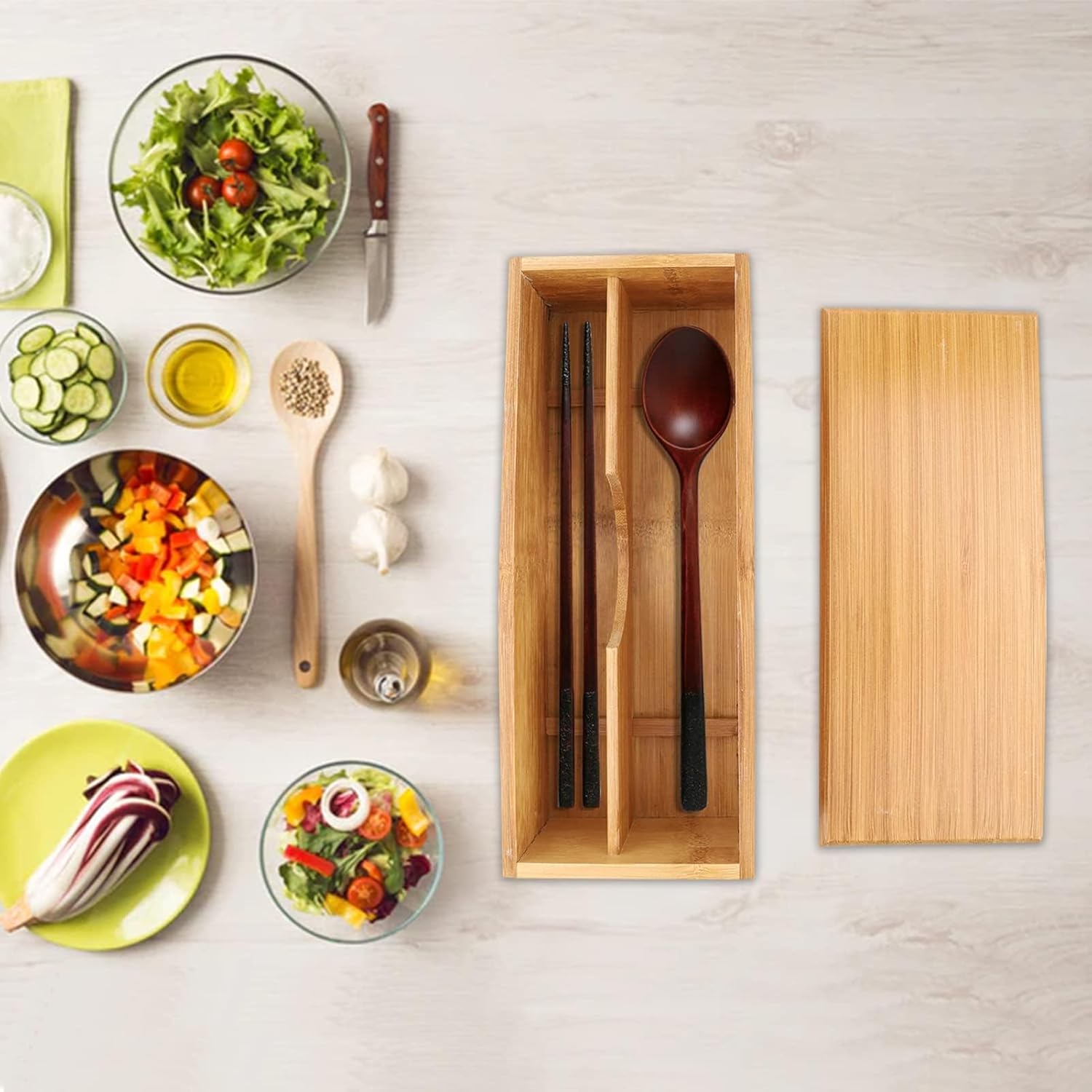 Wooden Cutlery Box with Lid, Small Drawer Organizer Kitchen, in for Spoon Utensil Chopsticks Kitchen Countertop, 10.6x4.3x2.5inch โ image 6