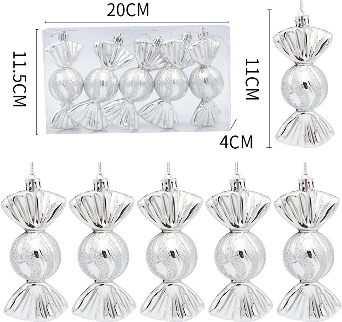 Christmas Decorations - Painted Candy Christmas Tree Decorations - Silver (5 per box)