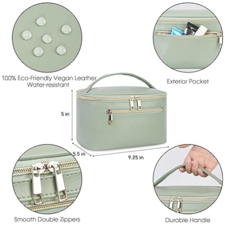 Green PU Leather Large Capacity Makeup Bag - Waterproof & Multifunctional Handbag for Women โ image 5