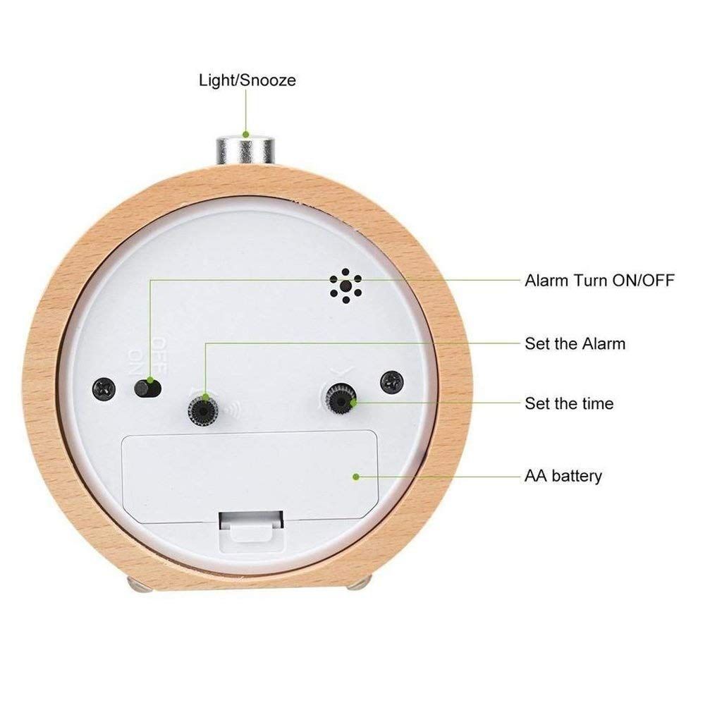 Wood Analog Alarm Clock - Round Battery-Operated Non-Ticking Clock with Snooze Button and Light - Light Brown — image 5