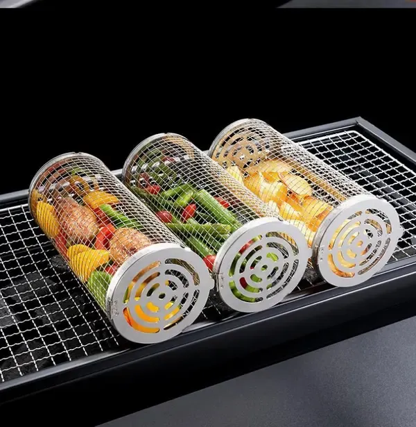 2 Pack Stainless Steel Rolling Grill Baskets with Hooks and Forks for Vegetables, Seafood, Camping and Home BBQ, Silver, 31 cm and 21 cm — image 6