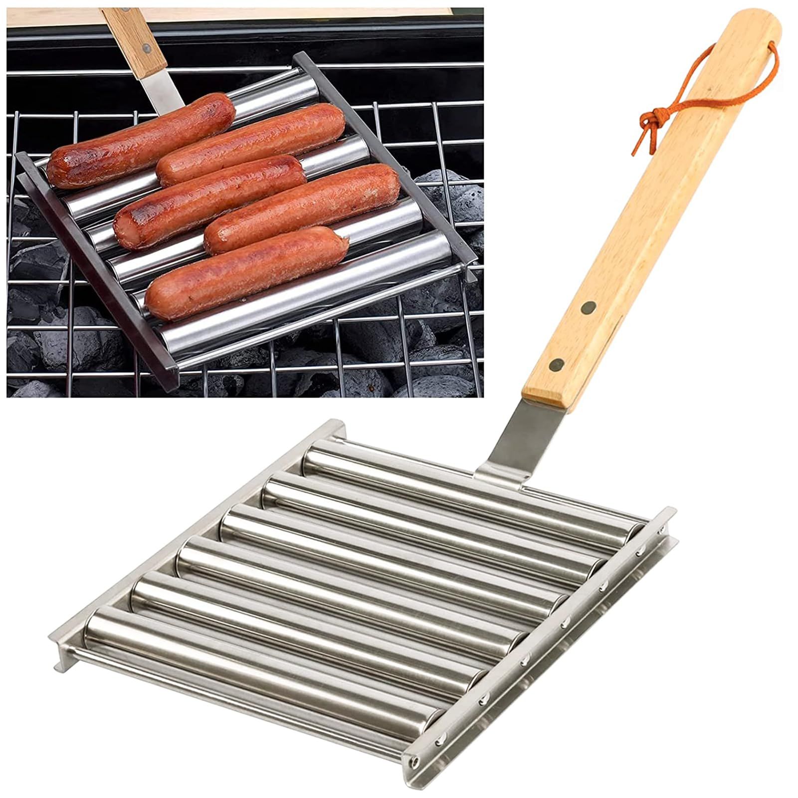 Hot Dog Roller Stainless Steel Sausage Roller Rack with Extra Long Wood Handle, BBQ Hot Dog Griller For Evenly Cooked Hot Dogs — image 5