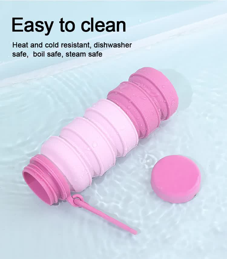 Pink Collapsible Silicone Water Bottle - 510ml Portable Food-Grade Travel & Sports Drink Flask — image 6