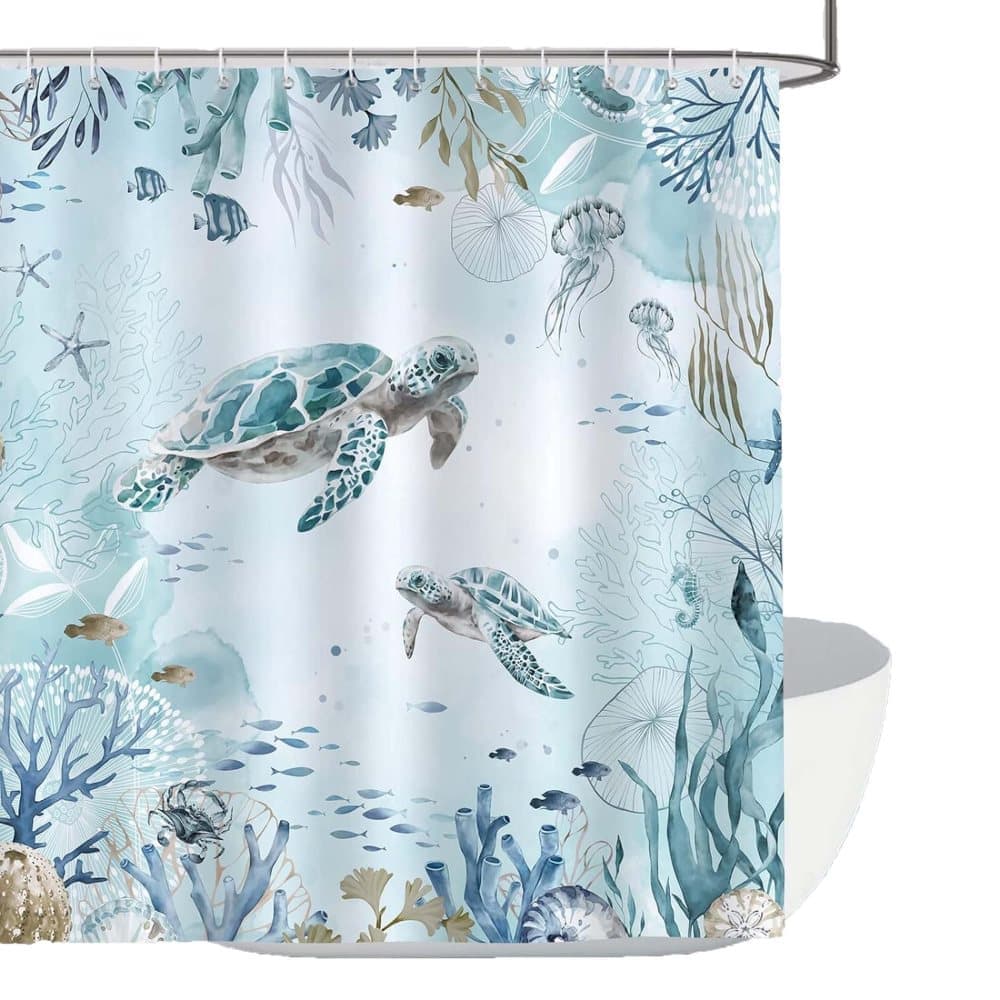 Waterproof Polyester Shower Curtain with Sea Turtle and Dolphin Motif, Mildew Resistant, Light Blue, 180x200 cm