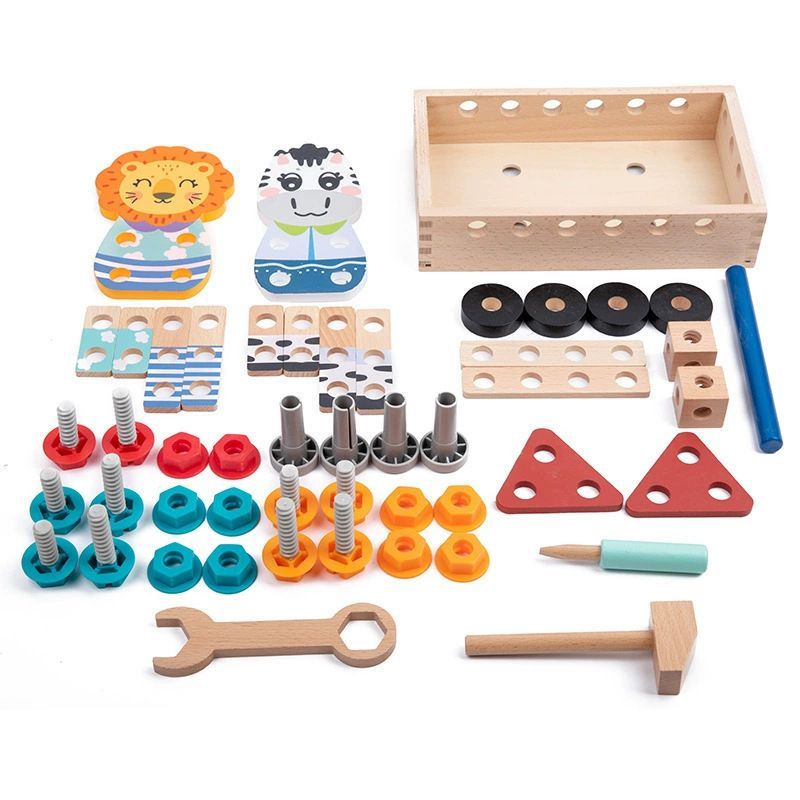 wooden toolbox, animal themed toy, building set, kids construction toy, fine motor skills, creative play, educational toy, birthday gift, Children's Day gift