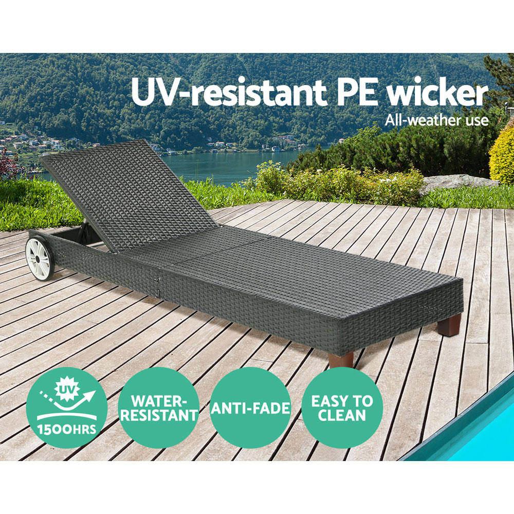 Gardeon Sun Lounge Wicker Lounger Outdoor Furniture Day Bed Wheels Patio Black — image 5
