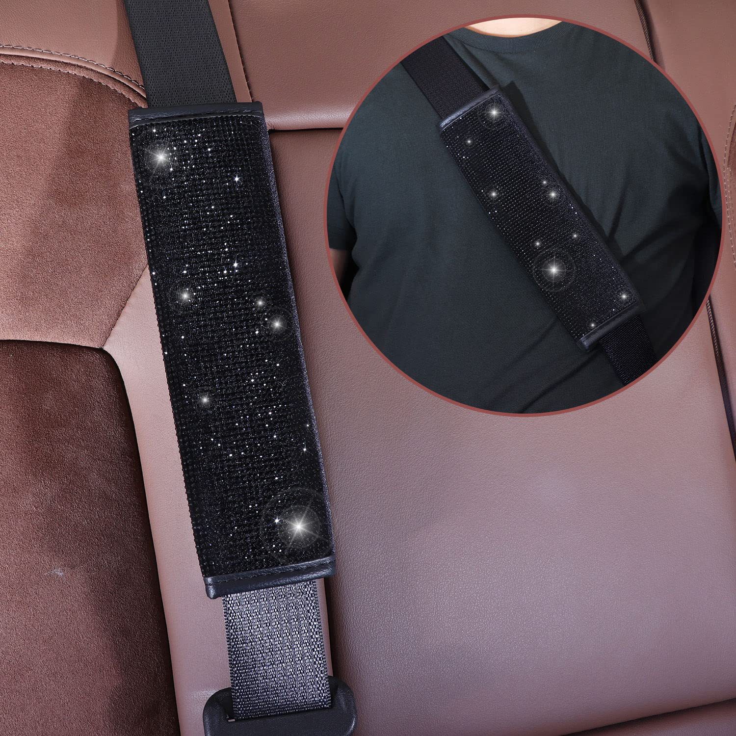 Pink 7-Piece Car Interior Decoration Set – Crystal Rhinestone Steering Wheel Cover, Gear Shift Cover, Seat Belt Pads, Cup Coasters & Ignition Switch Cover — image 3