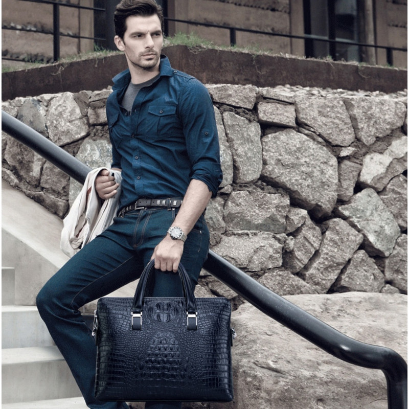Black Men's Luxury Crocodile Embossed PU Leather Briefcase(39 x 8 x 28 CM) With FREE Crocodile Wallet - Dual-Zip Business Shoulder/Crossbody Laptop Bag (Fits โ image 2