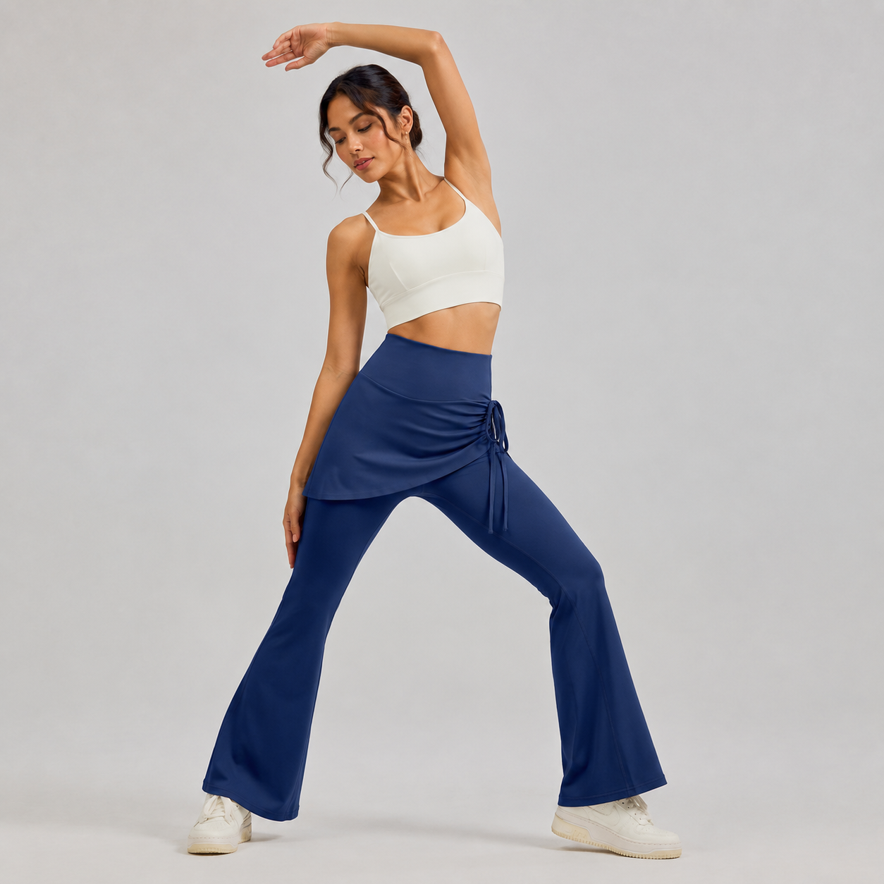 Women's High Waist Skirted Flare Yoga Pants with Adjustable Ruched Drawstring (XXL size)- Blue Faux Two Piece Bootcut Leggings for Pilates, Gym Workout โ image 3