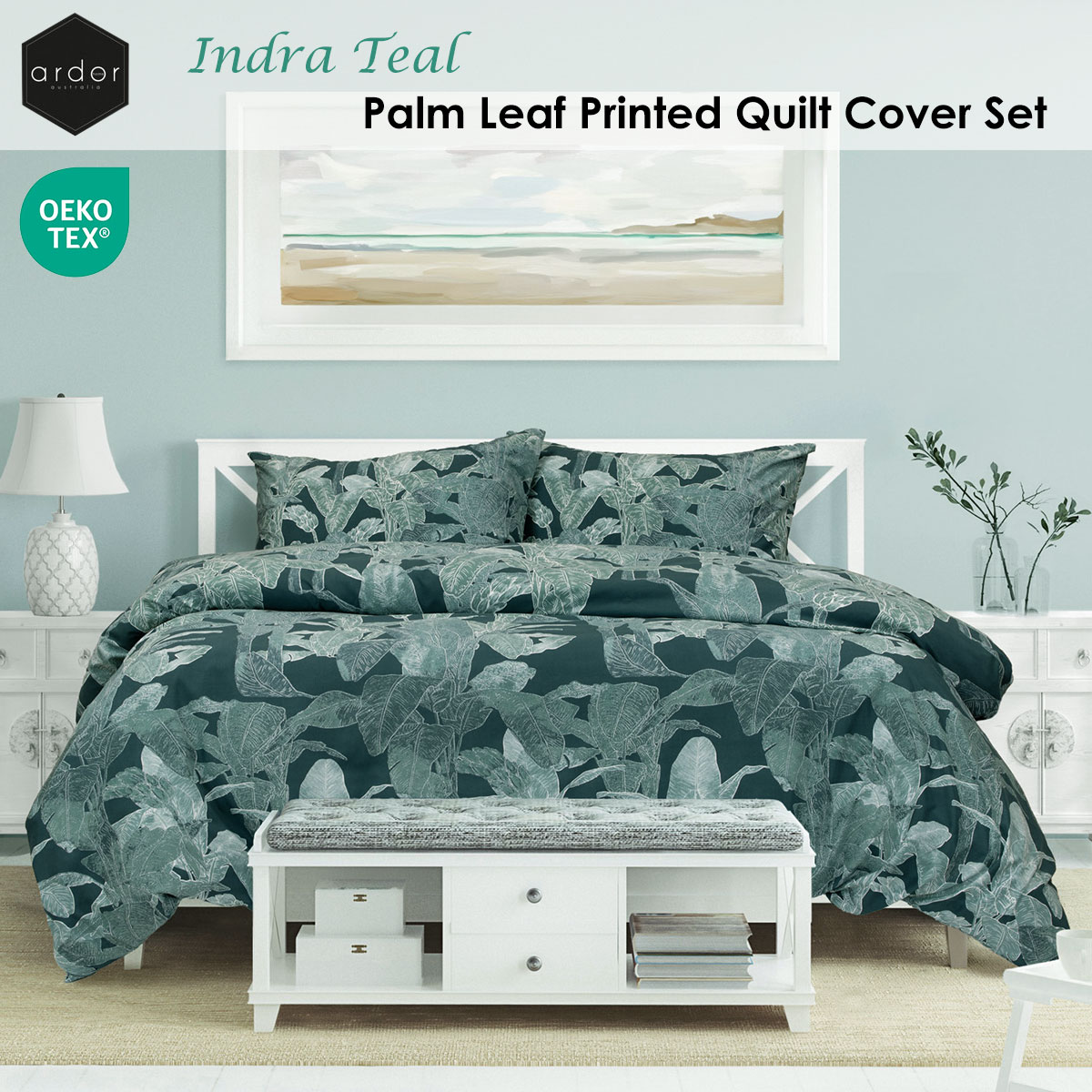 Ardor Indra Teal Palm Leaf Printed Quilt Cover Set Queen โ image 2
