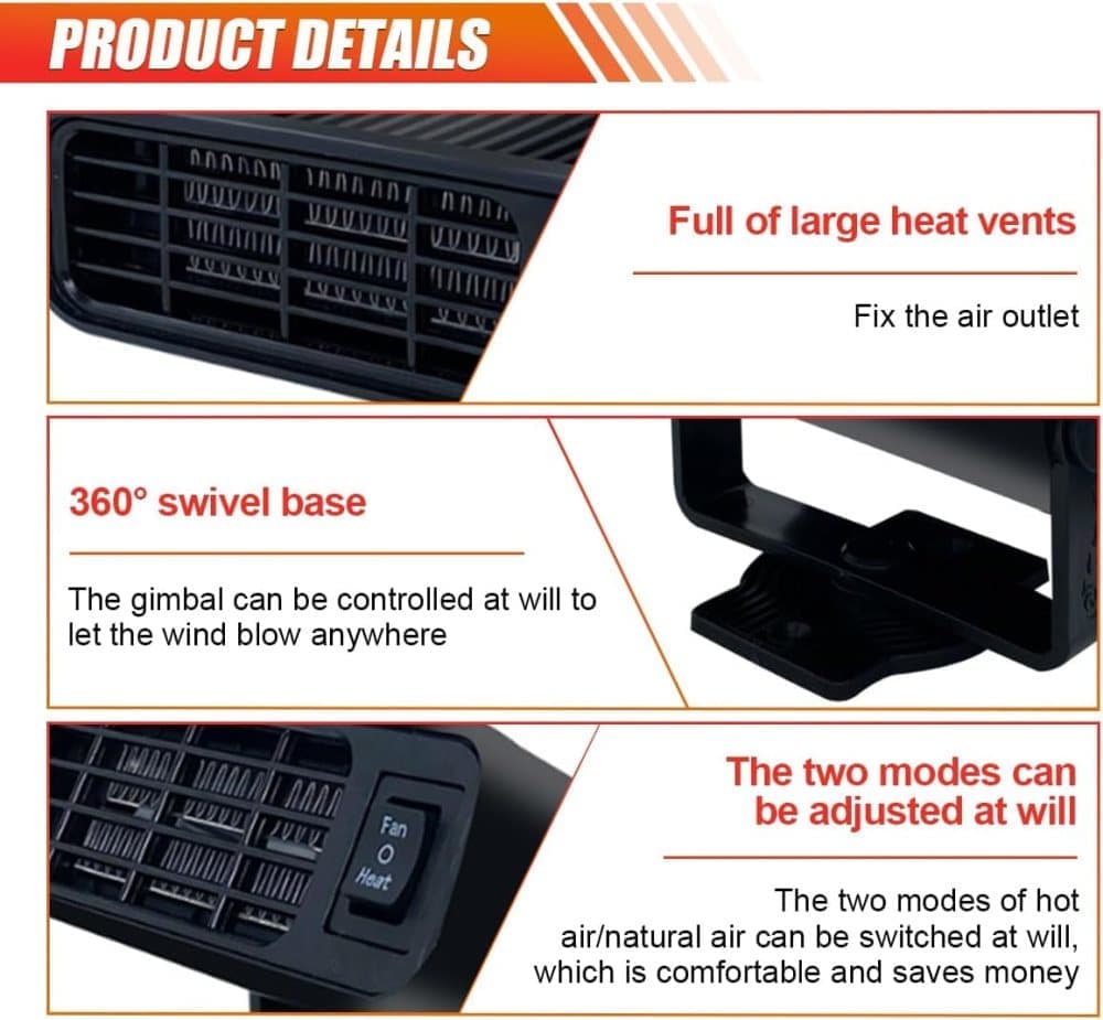12V 200W Portable Car Heater and Fan 2-in-1 with 360° Rotation, Fast Defrosting and Windshield Demisting, Black — image 3