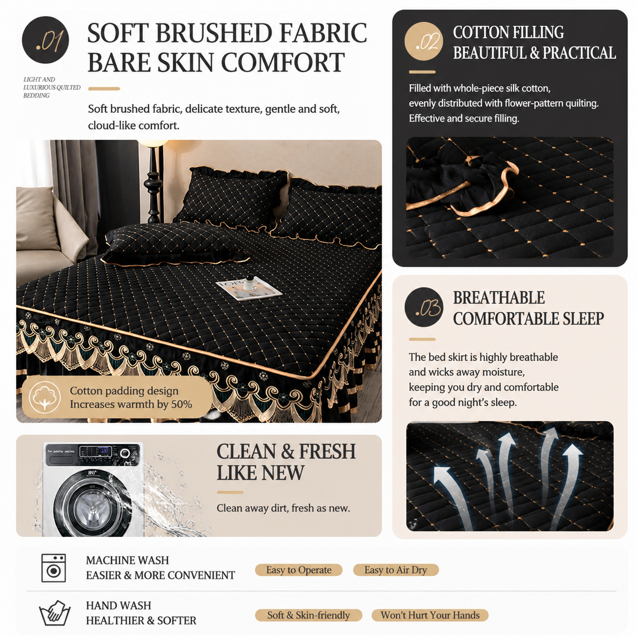 Green and Gold European Soft Brushed Quilted Bed Skirt + 2 Pillowcases Set - Breathable Padded 200 x 220CM Mattress Cover with Lace Trim and 45CM Elevated — image 2
