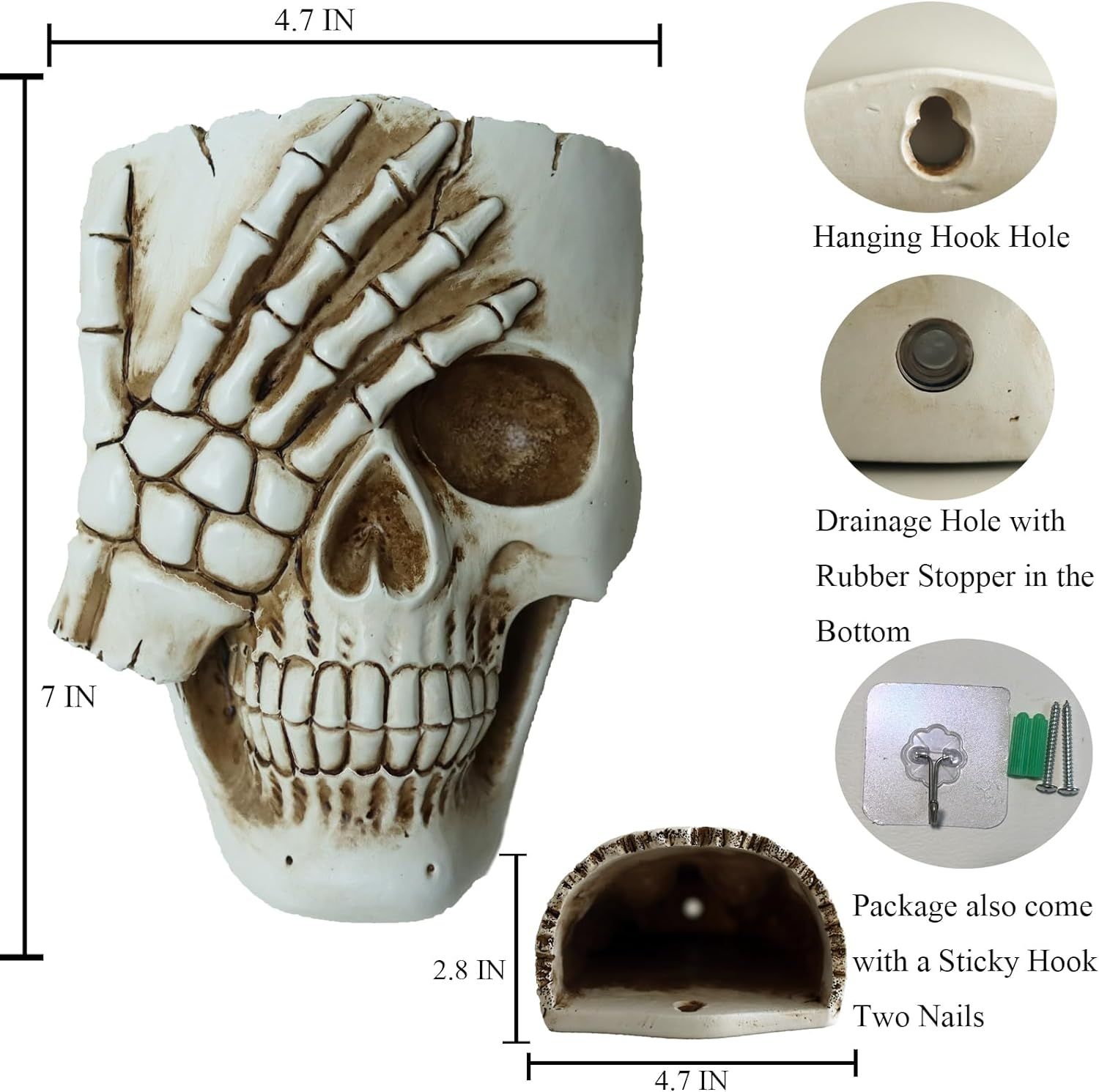 Skull Wall Planter for Home Décor, Resin Skeleton Gothic Planter for Indoor Outdoor Plants Decorations, White — image 3