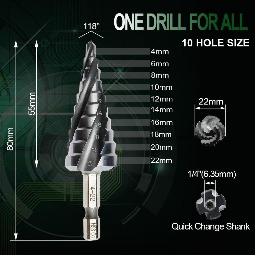 Four Spiral Flute Cobalt Step Drill Bit Impact Ready Unibit Step Drill Bit, Hex Shank Step Bits for Metal, Aluminum, Wood โ image 2