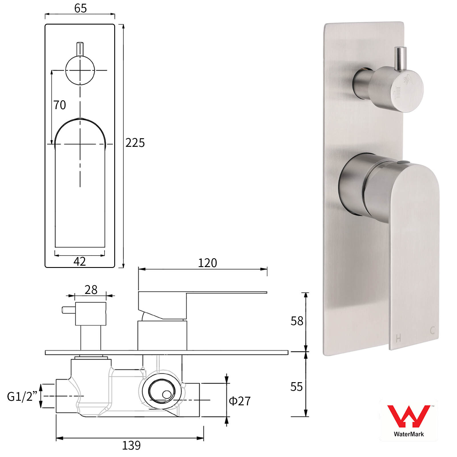 Brushed Nickel Silver Square Stylish 1/2inch Shower Mixer Diverter 2 Way Switch โ image 2