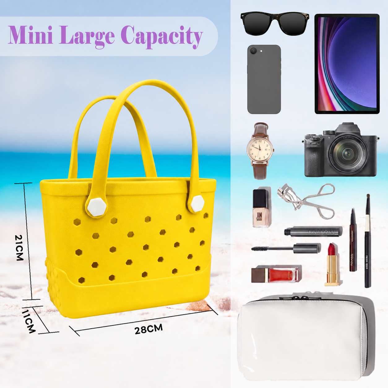 Waterproof Hexagon Mesh Beach Bag - Large Capacity Travel Storage Tote for Swimwear Towel Sunglasses - Yellow Small 28x21x11cm โ image 4