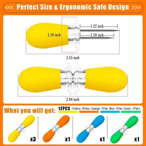 12 Pack Corn Cob Holders, Stainless Steel Twin Prong Skewers With Interlocking Silicone Handles for BBQ Home Outdoor, Multicolor — image 2