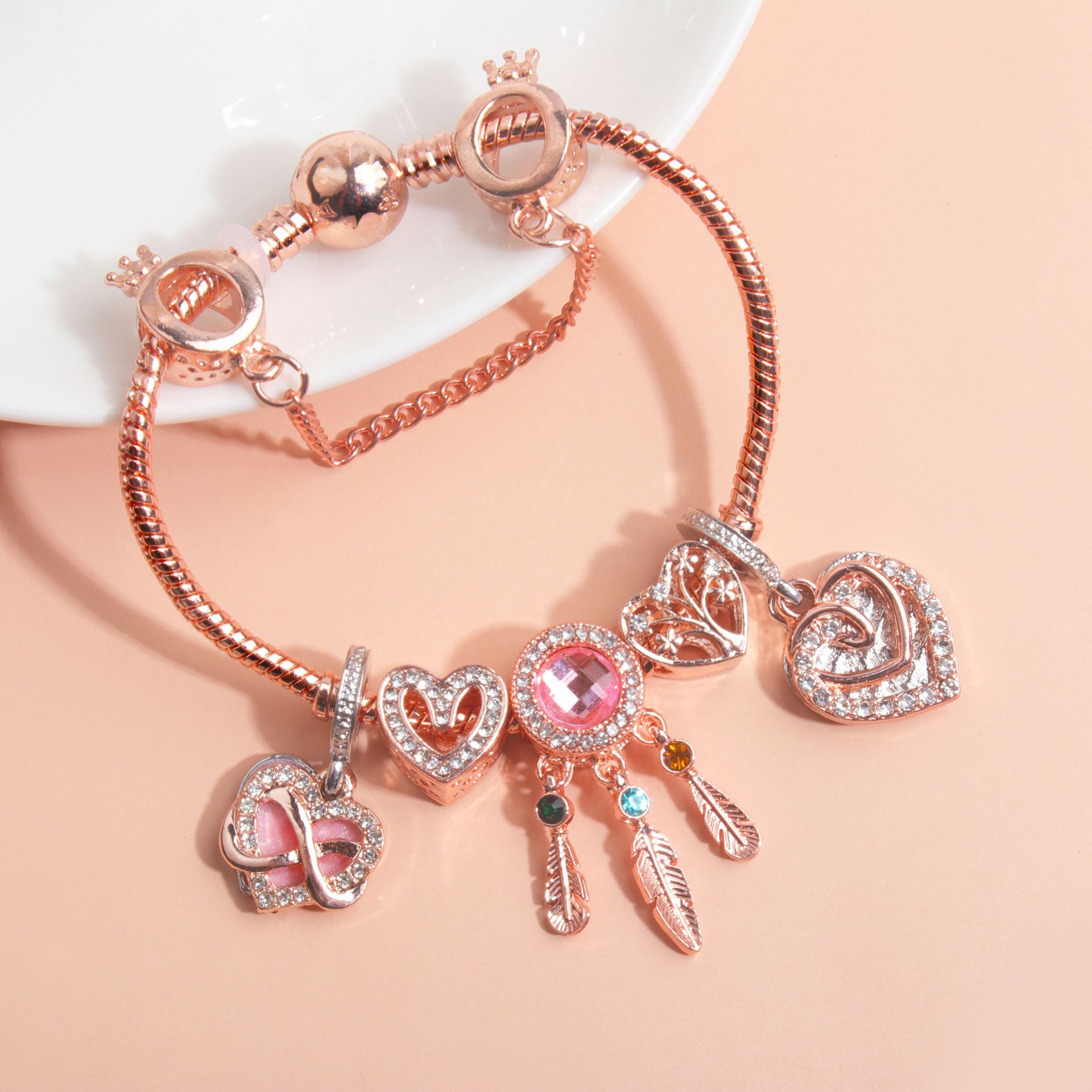 Rose Gold Bracelet with Pink Heart Charms & Crystal Rhinestones(19cm) โ image 3