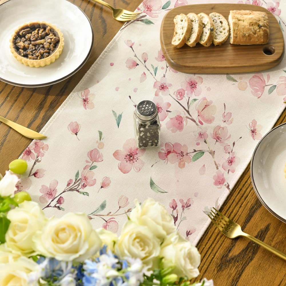 Floral Cherry Blossoms Branches Summer Table Runner, Seasonal Spring Kitchen Dining Table Decoration for Home Party Decor 13 × 72 Inch — image 4