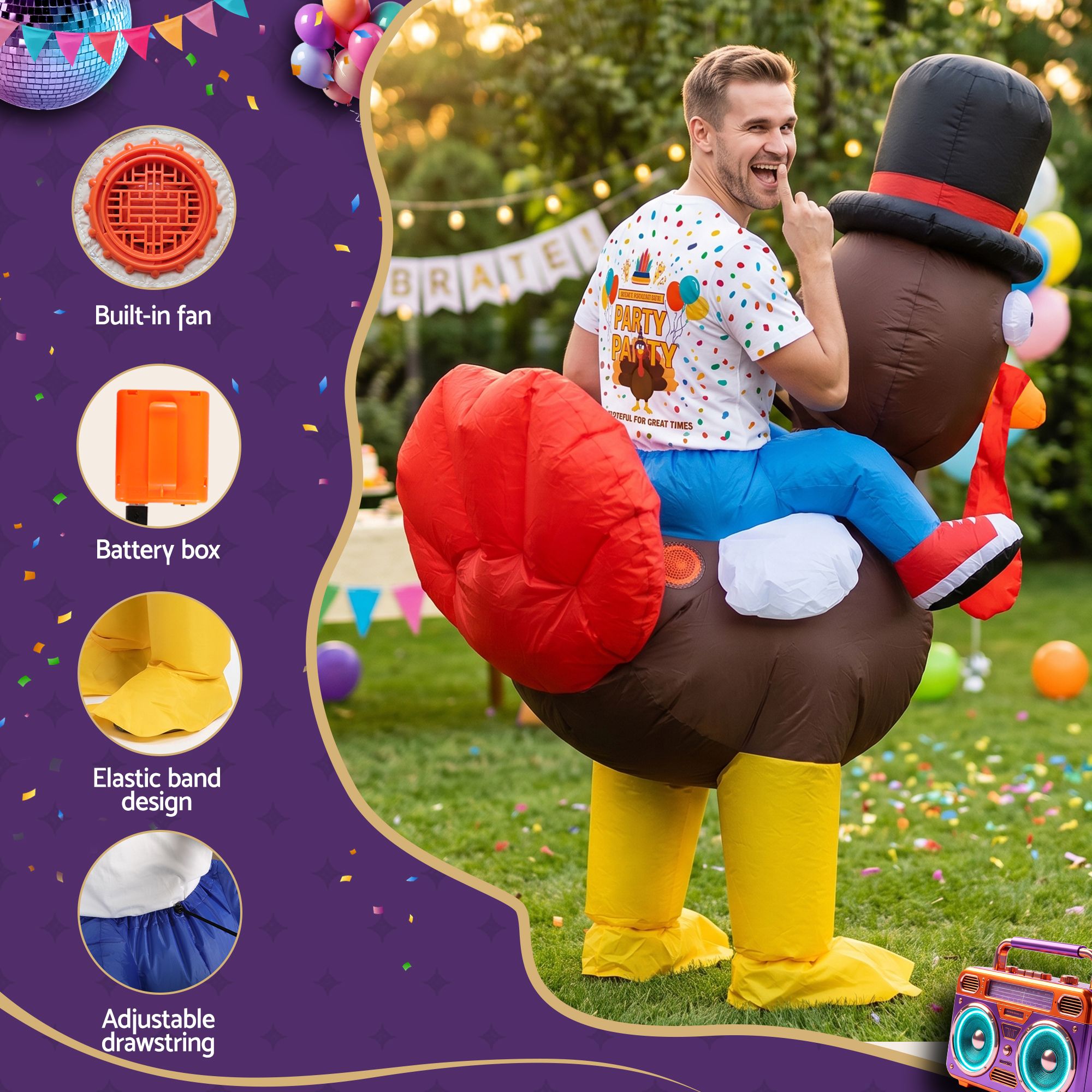 Inflatable Costume Ride On Turkey Fancy Dress Funny Party Outfit Brown One Size — image 5