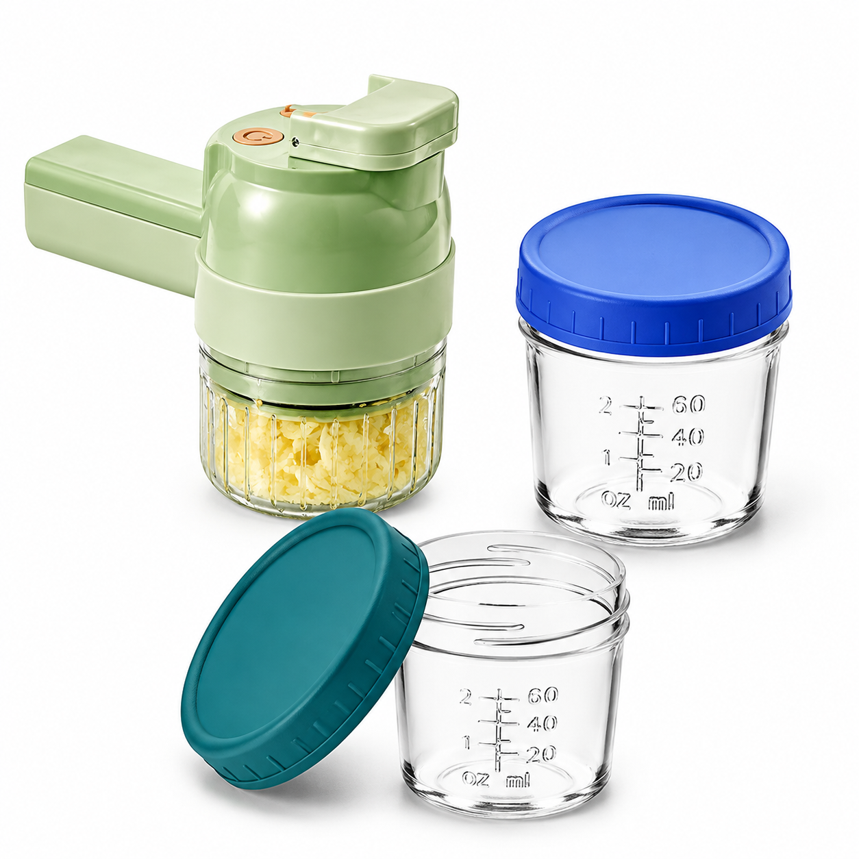 Seasoning Preparation and Storage Set-Green Electric Handheld Food Processor With Dark Blue lid and Dark Green lid 4oz Glass Storage Jars - USB-C Charging